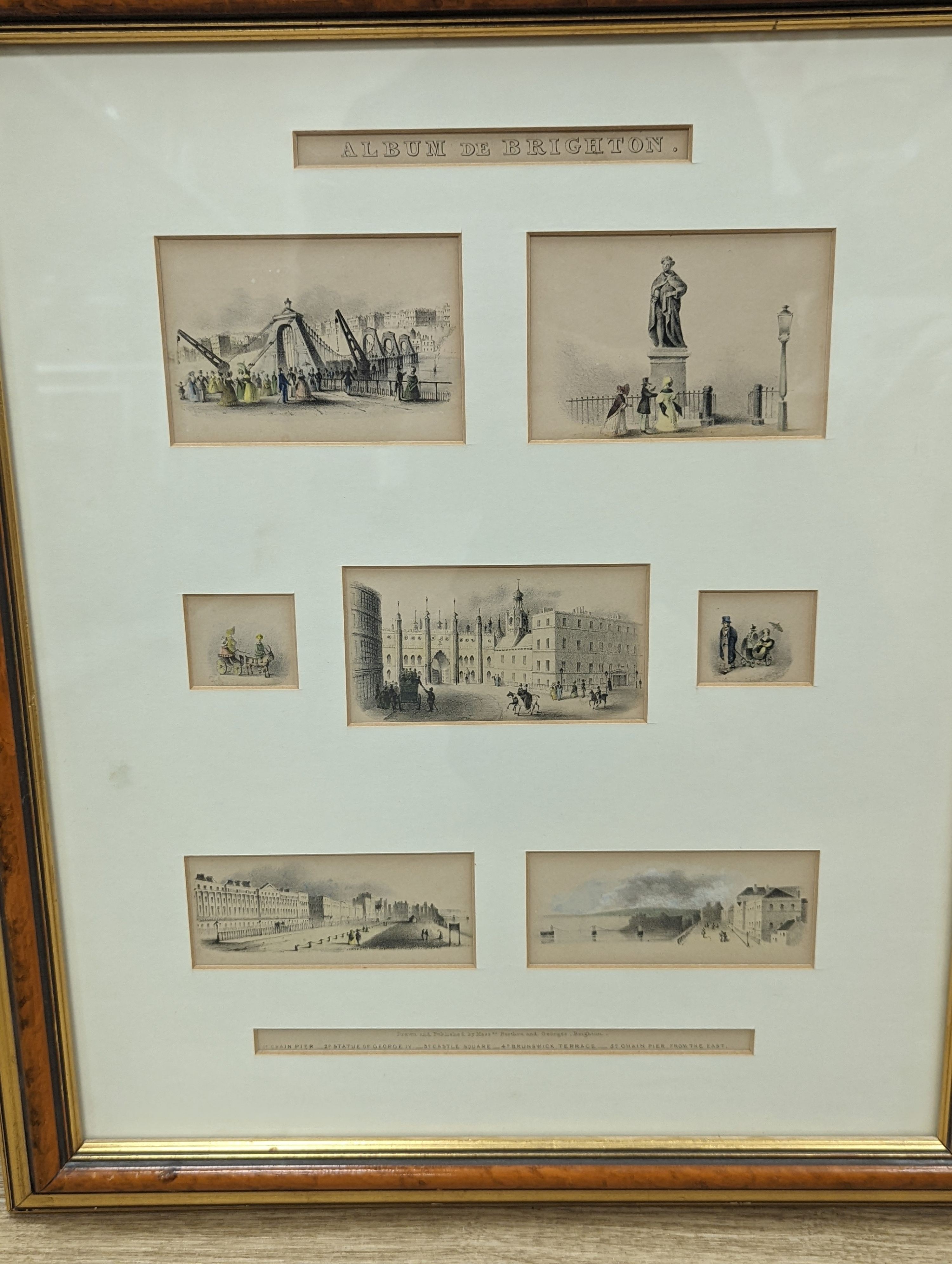 The entrance to the Royal Palace, Brighton, aquatint, printed and sold by W Leppard, 28.5 x 36 cm and seven lithographic vignettes of Brighton drawn and published by Messrs Berthou and Georges, Brighton, in two frames